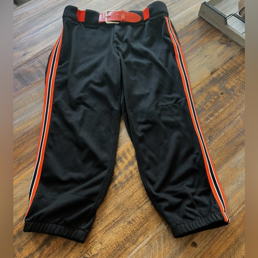 Black Softball Pants with Orange and White Stripe Accent w/ Belt